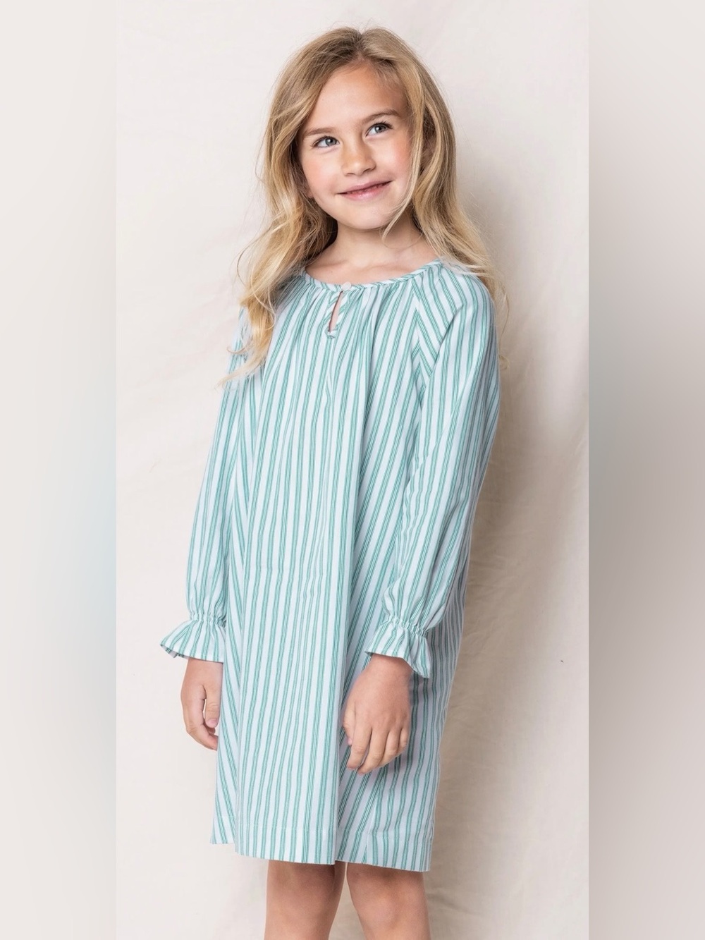 Girls’ Delphine Emerald Ticking Stripe Cotton Blend Twill Nightgown - 8